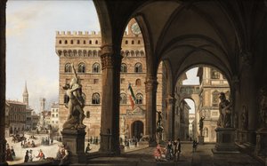 Blick von der Loggia dei Lanzi zum Palazzo della Signoria i Florenz av Unknown
